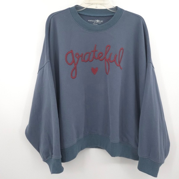 NATURAL LIFE Tops - Natural Life Grateful Sweatshirt Womens XL Blue Embroidered Thanksgiving Fall